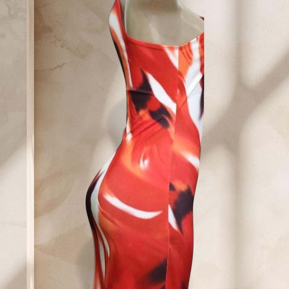 Red Abstract Print Maxi Dress – One Shoulder Bodycon Stretch Sexy Statement ✧ L - Picture 3 of 4